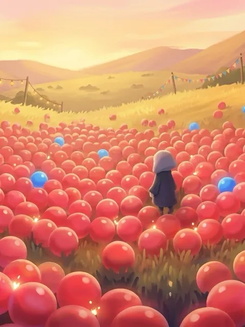 A sunset field packed with red balls under strings of lights