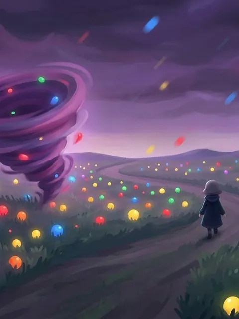 A purple whirlwind crosses a night field of colored balls while the stranger watches