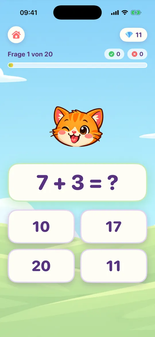 Die Aufgabe 7 + 3 mit vier großen Antwort-Tasten und einer lachenden Katze