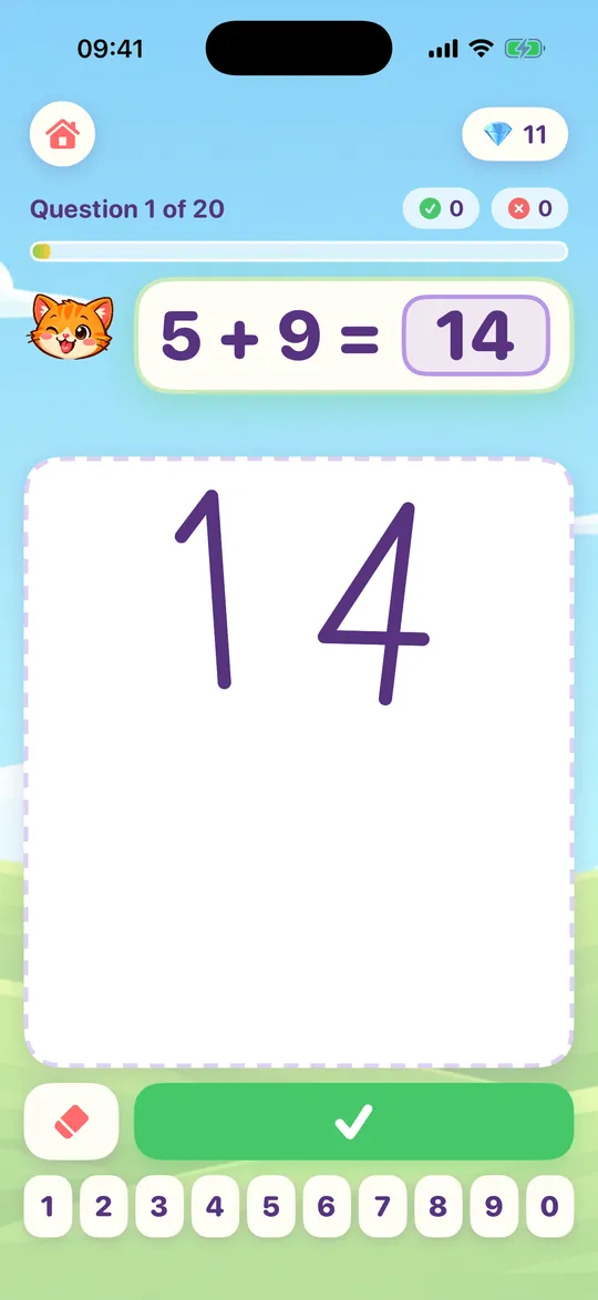 Draw mode: the number 14 written by finger on a drawing pad, filled in as the answer to 5 + 9