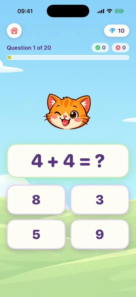 A question, 4 + 4, with four big answer buttons and a smiling cat