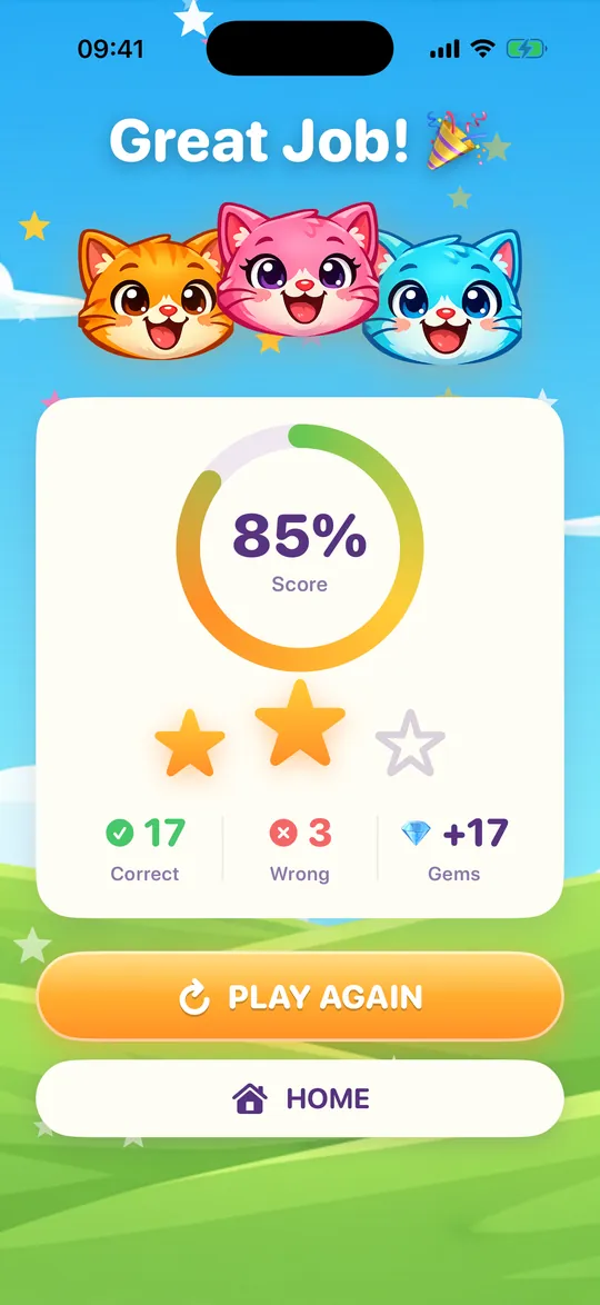 Results screen saying Great Job, with a score ring, two of three stars and gems won