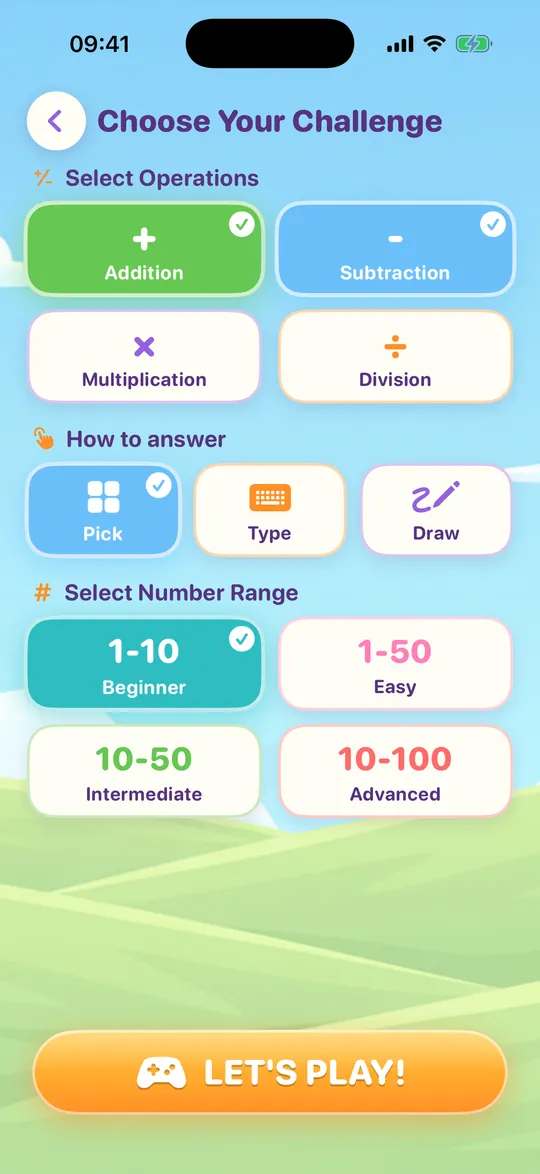 Choose Your Challenge screen: addition, subtraction, multiplication and division, how to answer (Pick, Type, Draw) and four number ranges