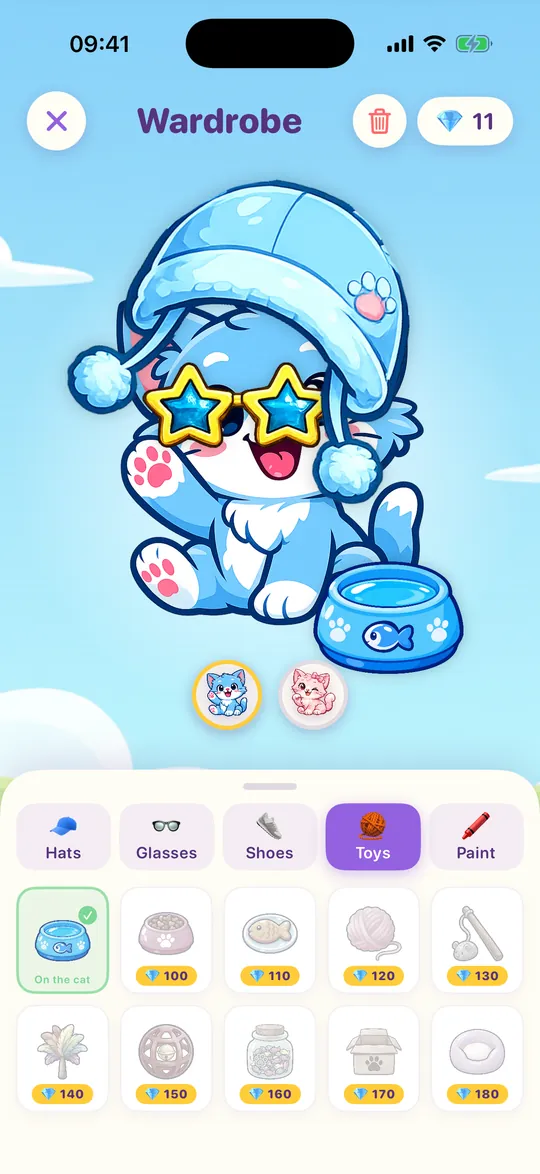 Wardrobe: a blue cat wearing a woolly hat and star glasses, with a fish bowl toy