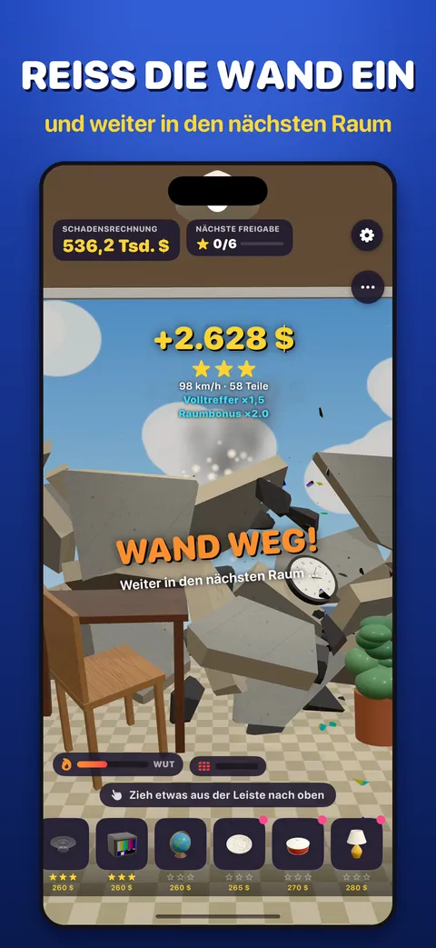 Reiß die Wand ein: Die ganze Wand stürzt ein, dann geht es weiter in den nächsten Raum