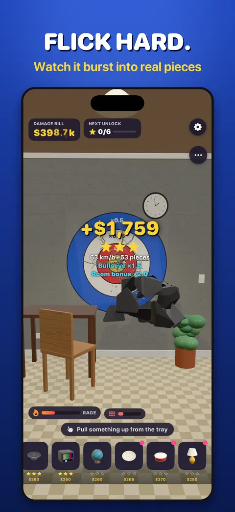Flick hard: a plate bursts into pieces against a kitchen wall, with the damage bill at the top